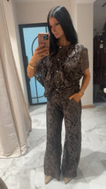 Les acolytes taupe lace blouse strass knoopjes